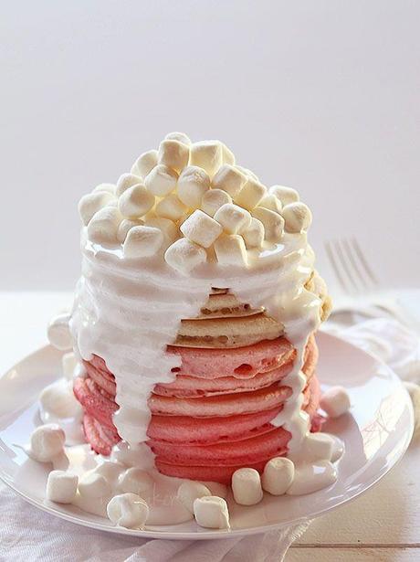 Marsmallow Fluff Pink Ombre Pancakes with Marshmallow Fluff Frosting by I Am Baker