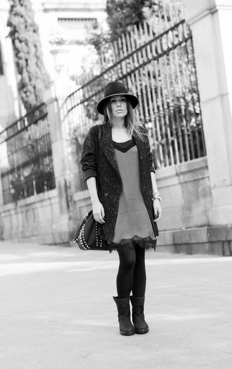 street style barbara crespo grey dots stradivarius dress fashion blogger outfit