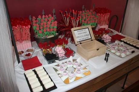 mesa de dulces con caja de los deseos para boda