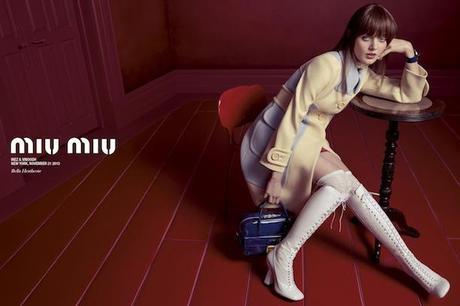 NEWS: Las jóvenes celebs toman MIU MIU! MIU MIU AD CAMPAIGN SS SPRING SUMMER 2014 STARRING ELLE FANNING ELIZABETH OLSEN LUPITA NYONG'O BELLA HEATHCOTE SHAG BANGS MOD RETIRO BUTTON FRONT PASTEL COLORBLOCK COAT BLUE YELLOW COAT KNIT HIGH WHITE SOCKS KNEE HIGH LACE UP LEATHER GRANNY BOOTS SMALL BLUE PATENT SATCHEL BAG