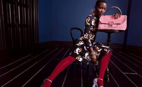 NEWS: Las jóvenes celebs toman MIU MIU! MIU MIU AD CAMPAIGN SS SPRING SUMMER 2014 STARRING ELLE FANNING ELIZABETH OLSEN LUPITA NYONG'O BELLA HEATHCOTE RETRO PRINT HIGH COLLAR LONG SLEEVE DRESS PINK SATCHEL BAG RED KNIT TIGHTS PASTEL ANKLE STRAP PLATFORM HEEL SANDALS
