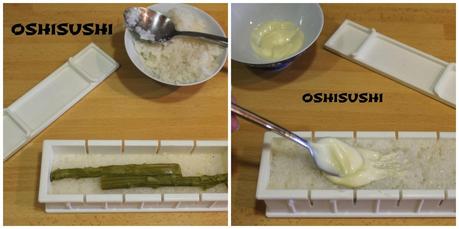 Oshishusi de tortilla, mahonesa de wasabi, hojas de shizo y espárragos