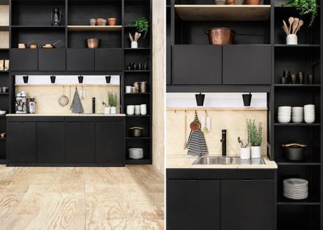 Una-cocina-Negra-con-madera-natural