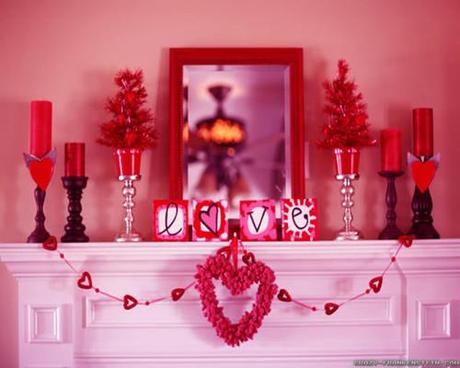 Ideas. Gorgeous Valentines Decoration Ideas for Your Fantastic House: Valentine's Day Decoration On Stunning White Wooden Desk Amazing Red Love Heart Standing Candle Wonderful Giant Mirror Shocking Flower Vase Pink Wall Painting Magnificence Ceiling Fan ~