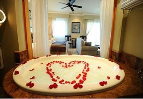 Bathroom. Amorous Valentines Bathroom Decorating Ideas: Fantastic Red Roses Heart Shaped On Intriguing White Round Bath Up Dark Ceiling Fan Astounding Stainless Steel Towel Shelving Grey Sofa Transparent Curtain Picture Frame ~ mizfil