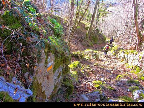 Rutas Montaña Asturias de las Pinturas Rupestres de Fresnedo: Señal de pintura en el camino a Fresnedo