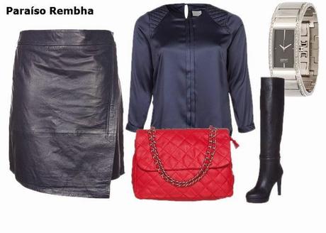 Look Falda De Cuero Bolso Rojo