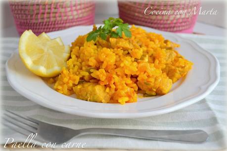 Paella o arroz con carne. Fácil, rápido y casero. Plato típico España.