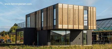 Vista en perspectiva de la casa danesa prefabricada adaptable