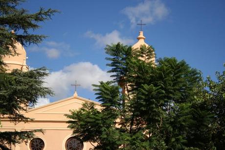 La catedral de Cafayate entre la vegetación de su plaza. Foto: Sara Gordón