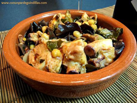 Guiso de pulpo impostado: con garbanzos, setas y algas Guiso de pulpo impostado: con garbanzos, setas y algas