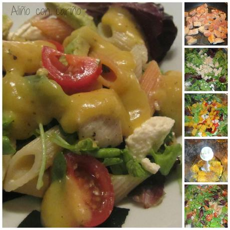 ENSALADA DE BROTES, RÚCULA, POLLO, PASTA A LA VINAGRETA DE MANGO