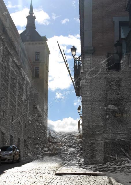 El Alcázar y edificios exteriores durante el Asedio.