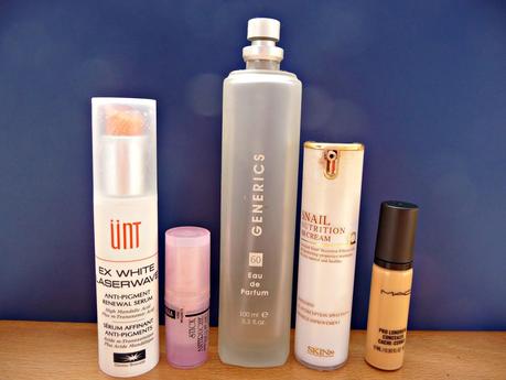 Productos acabados II: Ex wave laserwave de ÜNT, Barra de rosa de mosqueta para labios y contorno de ojos de Bottega Verde, Eau de parfum nº60 de Generics, BB cream snail de Skin 79 y Pro long wear concealer NC30 de MAC