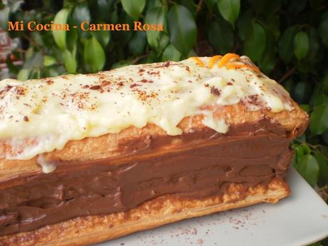 MILHOJAS CON RELLENO DE CREMA DE CHOCOLATE Y COBERTURA DE CREMA DE NARANJA