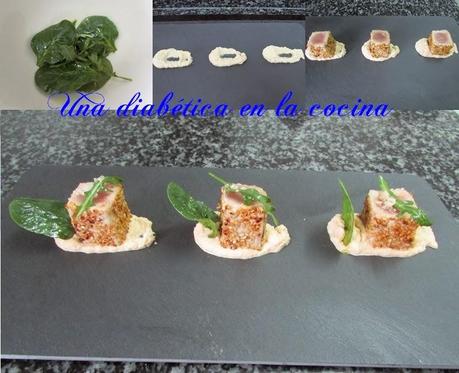 Atún con costra de sésamo y praliné salado de almendras