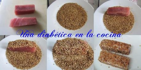 Atún con costra de sésamo y praliné salado de almendras