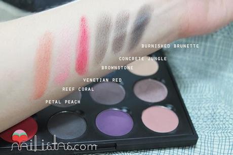 Swatches de Petal Peach, Reef Coral, Venetian Red, Bownstone, Concrete Jungle, Burnished Brunette