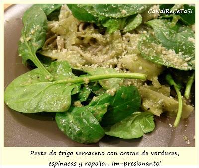 Pasta trigo sarraceno con crema de verduras, espinacas y repollo... Im-presionante!