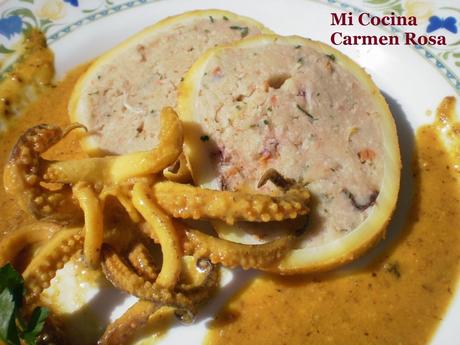 CALAMAR RELLENO A LA MARENGA (RELLENO DE PESCADO Y MARISCO CON SALSA DE ALMENDRAS)