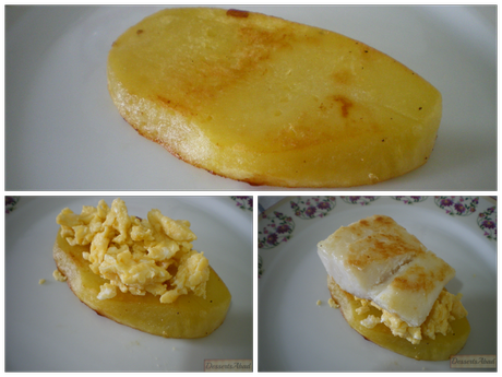 Milhojas de bacalao, revuelto y patatas, emplatado