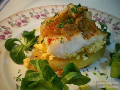 Milhojas de bacalao, revuelto y patatas