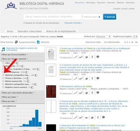 Pagina de resultados de la Biblioteca Digital Hispanica
