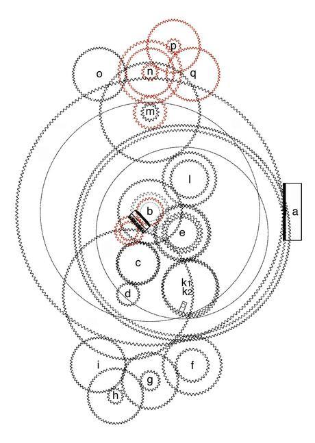 Esquema general del mecanismo de Anticitera en vista superior. © 2008 Tony Freeth, Images First Ltd. (Clic para ampliar)