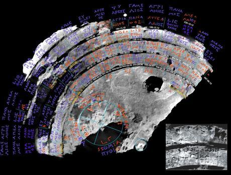 Reconstrucción de las inscripciones en el mecanismo de Anticitera, a partir de las imágenes obtenidas por tomografía de rayos X. Imagen: © 2005 Antikythera Mechanism Research Project. (Clic para ampliar)