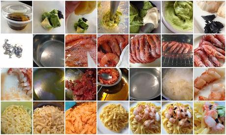 Pasta Fresca con Gambones y Aguacate al Ajo Negro.