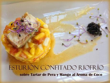 Esturión Confitado Riofrío sobre Tartar de Pera y Mango al aroma de Coco.