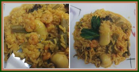 Arroz con sepia, gambas y verduras