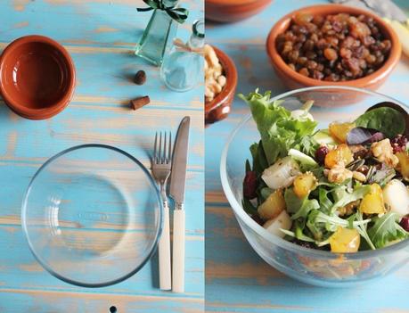 Ensalada de palmitos, manzana caramelizada y frutos secos.