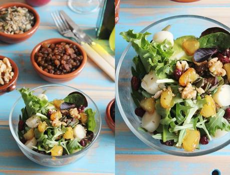 Ensalada de palmitos, manzana caramelizada y frutos secos.