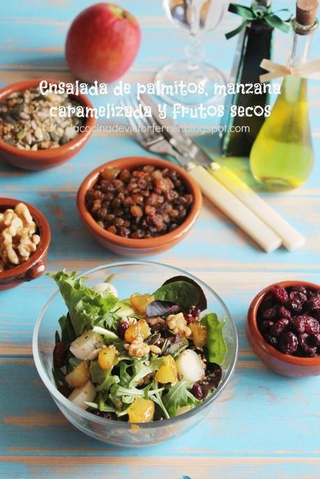 Ensalada de palmitos, manzana caramelizada y frutos secos.