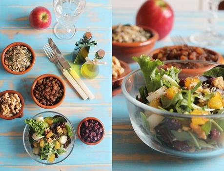 Ensalada de palmitos, manzana caramelizada y frutos secos.