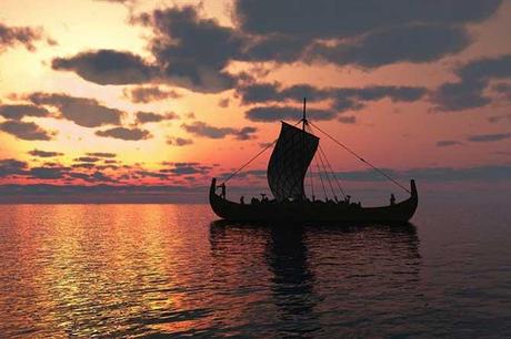 barco vikingo navegando en el crepúsculo