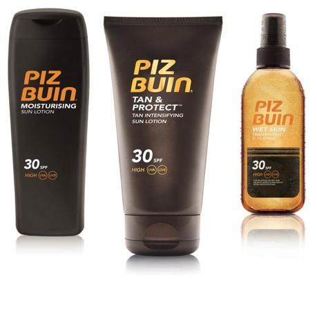 Solares, las novedades de 2014 Loción solar hidratante, loción solar intensificadora del bronceado de fórmula no pegajosa y spray solar transparente Wet Skin, para aplicar sobre la piel mojada, sin necesidad de secarse al salir del agua. Todo de Piz Buin.