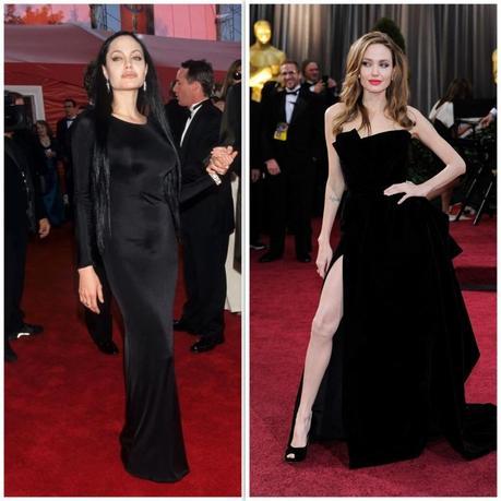 Oscar: Vestidos para recordar Angelina en 2000, muy Morticia, y en su momento pierna diez años después.