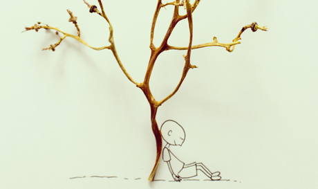 Dibujo de un niño descansando en un árbol rama