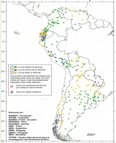 Pronóstico Estacional, Oeste y Sur de Suramérica. Fuente CIIFEN