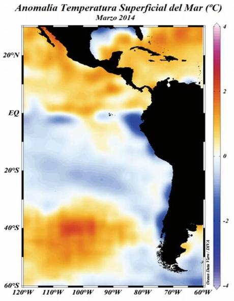 Anomalía de la temperatura superficial del mar en °C