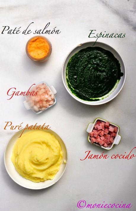 CUCURUCHOS DE PASTA RELLENOS DE PURÉ DE PATATA Y GAMBAS CON BECHAMEL DE
ESPINACAS