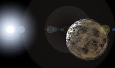 Una impresión artística de un exoplaneta, orbitando la muy conocida estrella de tipo F, Procyon. Es la estrella más brillante de la constelación de Canis Minor.