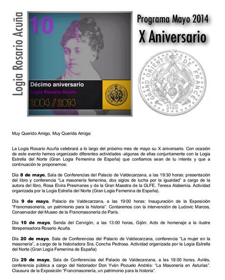 Rosario Acuña: X Aniversario de la Logia del Gran Oriente de Francia en España