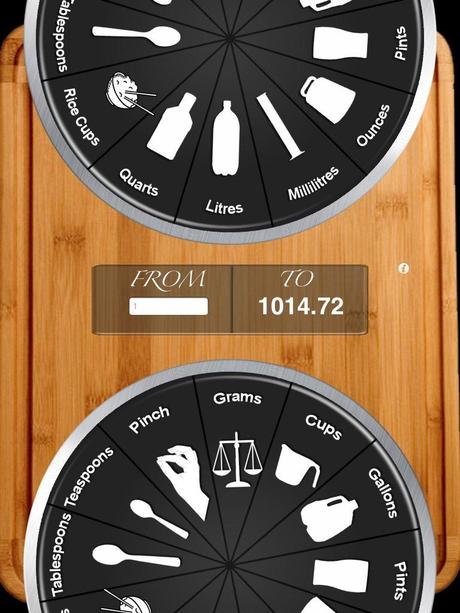 Convierte entre litros, galones, gramos, cucharas, cucharitas. App de cocina para ipad que nos ayuda en nuestras recetas.