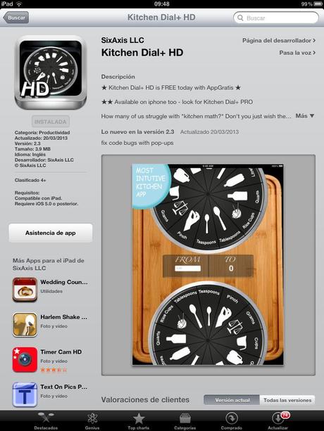 Esta app de ipad, Kitchen Dial, nos ayuda en la elaboración de recetas en las que las unidades no sean las que solemos manejar, convirtiendo entre ellas