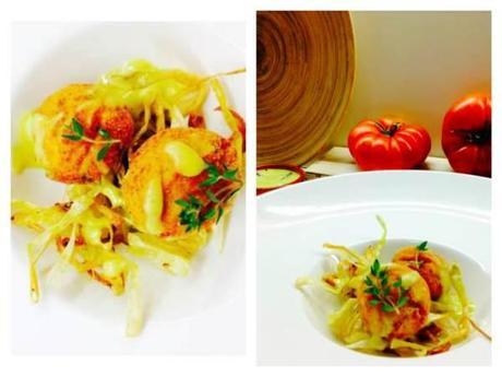 albondigas de pollo con crujiente de puerro y alioli