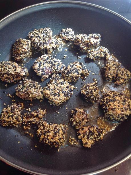 ATÚN FRESCO CON SÉSAMO Y CEREZAS CON HABITAS DE TEMPORADA-SEGUNDO RETO NAZARI