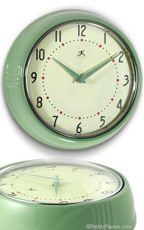 This Jadeite Green Replica Kitchen Wall Clock is a fun twist on the classic school clock, thanks to its vintage toned coloration and cool, retro-modern contoured design. With a quality metal housing and glass lens
